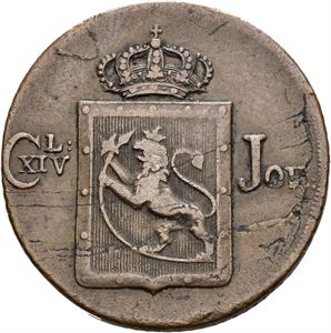 CARL XIV JOHAN 1818-1844 1 skilling 1828. Blankettfeil på revers/planchet flaws on reverse