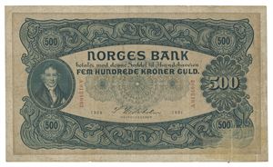 Norway. 500 kroner 1924. A0124002. R. Rift i nedre høyre hjørne er forsterket med tape