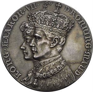 Kong Haakon VII og Dronning Maud. Kroningen 1906. Sølv. 40 mm