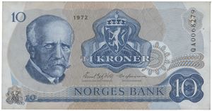 10 kroner 1972. QA0068279. Erstatningsseddel, uvanlig.