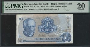 10 kroner 1972 QB0068239 Erstatningsseddel/replacement note