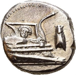 LYCIA, Phaselis. 4th certury BC. AR stater (10,41 g). Prow of galley to right, platform decorated with facing gorgoneion; cicada to right / F?S, stern of galley to left. Well struck on good metal. Toned.
