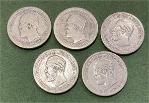 Lot 5 stk. 1 krone 1877, 1879, 1887, 1889 og 1890