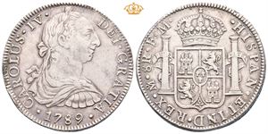 Carl IV, 8 reales 1789 FM. Liten blankettfeil/minor planchet defect