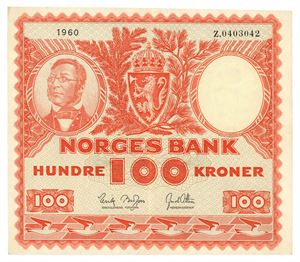100 kroner 1960. Z0403042. Erstatningsseddel/replacement note.