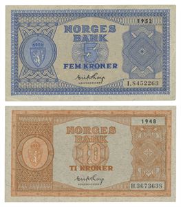 Lott 2 stk. 10 kroner 1948 H og 5 kroner 1952 I
