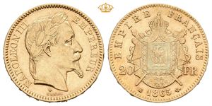 2. republikk, 20 francs 1865 BB. Lett renset/lightly cleaned