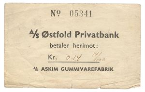 Østfold Privatbank, A/S Askim Gummivarefabrik, 14 øre No.05341. RRR. Rifter/tears. .