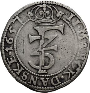 FREDERIK III 1648-1670. 2 mark 1657. Renset/cleaned. S.42 var.