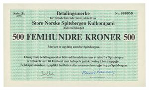 Norway. 500 kroner 1973. Serie Qq. Nr. 000959