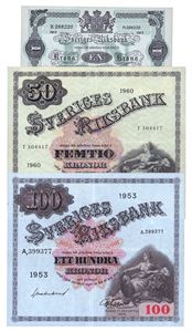 Lot 3 stk. 100 kronor 1953, 50 kronor 1960 og 1 krona 1917