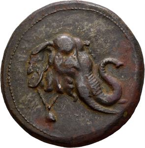 BAKTRIA, Greco-Baktrian Kingdom. Demetrios I (circa 200-185 BC). Baktra mint. Æ27 (12,35 g). Elephant head to right, bell hanging around neck / BASI?EOS ?HMHTPIOY, Kerykeion; monogram in inner left field. A pleasing and nearly untouched brown patina with patches of red.