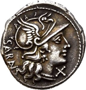 M. Atillius Saranus. 148 BC. AR denarius, Roma, (3,37 g). Helmeted head of Roma right, SARIN behind and value mark X below chin / Dioscuri twins on horseback charging right. M.ATILI below, ROMA in exergue. Wonderful iridescent toning.