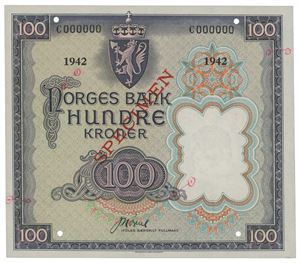 100 kroner London 1942. C000000. Specimen. RR. Påført markeringer/added marks