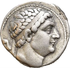 BAKTRIA, Greco-Baktrian Kingdom. Diodotos I Soter (circa 256-235 BC). In the name of Antiochos II of Syria. Mint A, near Aï Khanoum. AR tetradrachm (16,33 g). Diademed head of Diodotos to right / BASI?EOS ANTIOXOY, Zeus Bremetes advancing left, extended left arm draped with aegis, hurling thunderbolt with right hand; eagle standing in front of Zevs at feet; monogram above eagle. Lightly toned.
