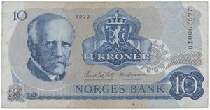 10 kroner 1972. QX0067697. Erstatningsseddel, uvanlig.