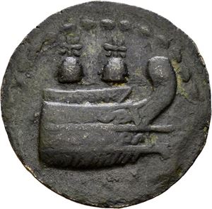 SELEUKID KINGS of SYRIA. Antiochos VII Sidetes, 138-129 BC. Æ23 (11,65 g). Antioch on the Orontes mint. Dated SE 175 (=138/7 BC). Prow to right / BASI?EOS ANTIOXOY EYEPGETOY, Trident ornamented with dolphins; monograms off flan. EOP (date) in exergue. Dark brown-green patina.