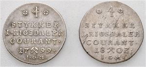 Norge, Christian VII, lot 2 stk., 1/5 speciedaler 1799 (filespor) og 1803