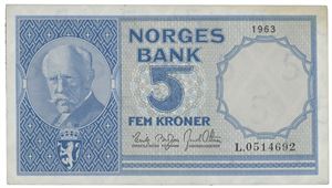 5 kroner 1963 L 0514692.   Litt skitten i hjørne.