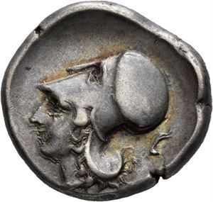 Corinhia, Corinth, 400-350 f.Kr., stater (8,41 g). Pegasus mot venstre/Hode av Athene i Korintisk hjelm mot venstre