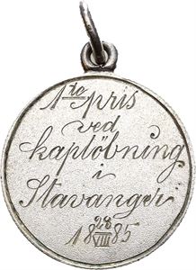 1.pris ved kappløpningen i Stavanger 28.8.1885. Norsk 50 øre Oscar II med nedslipt revers