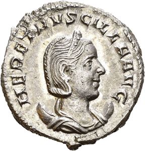 Herennia Etruscilla. Augusta AD 249-251. AR antoninianus, Roma, 6th officina. 3rd emission of Trajan Decius, AD 250, (3,50 g). Draped bust right, wearing stephane, set on crescent / PVDICITIA AVG, Pudicitia seated left, drawing veil from face and holding sceptre. A few minor marks. Some original mint lustre preserved around devices.