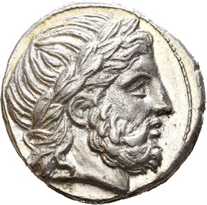 KINGS of MACEDON, Philip III Arrhidaios (323-317 BC). AR tetradrachm (14,28 g). In the name and types of Philip II. Struck under Polyperchon circa 323-315 BC in Amphipolis. Laureate head of Zeus right / F???????, Nude youth riding horse prancing right; greek letter ? between the forelegs; grain ear between legs. Beautiful lusterous coin.