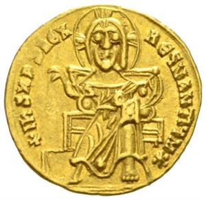 BASIL I 867-886, solidus (4,42 g). Kristus sittende på trone/Byste av Basil og Constantin.