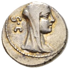 P. SULPICIUS GALBA 69 f.Kr., denarius. Hode av Vesta mot høyre/Offerredskaper.