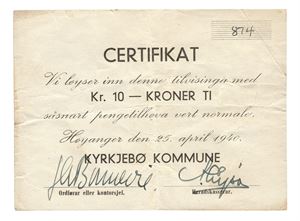 Kyrkjebø Kommune, 10 kroner 25.april 1940. Nr.874. Flekker på revers/spots on reverse.