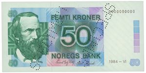 50 kr 1984. 0000000000. Perforert "SPECIMEN". RR