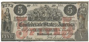 Confederate States of America. 5 dollars 1861. Contemporary counterfeit.