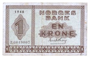 1 krone 1948. Z0019007. Erstatningsseddel/replacement note. RR. Rift i høyre hjørne/tear in right corner