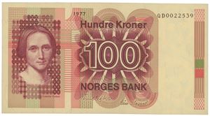 100 kroner 1977. QD0022539. Erstatningsseddel/replacement note