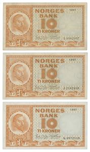 Lot 3 stk. 10 kroner 1957 I, J og K