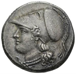 SICILIA, Syrakus, republikk 214-212 f.Kr., 12 litrai (10,22 g). Hode av Athene med korintisk hjelm mot venstre/Artemis stående mot venstre