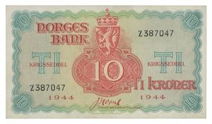 Norway. 10 kroner 1944. Z387047. Liten flekk på revers/minor spot on reverse