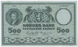 500 kroner 1974. A.5569538. Liten margrift/small margin tear