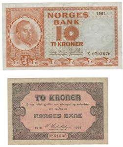 Lot 2 stk. 2 kroner 1918. 861009 og 10 kroner 1961 X