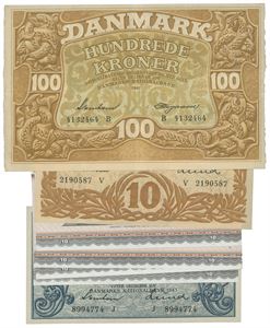 Lott 7 stk. 100 kroner 1941 B, 10 kroner 1943 V, 1970, 1974 x3 og 5 kroner 1943 J
