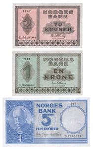 Lot 3 stk. 2 kroner 1947 F, 1 krone 1947 I og 5 kroner 1956 D