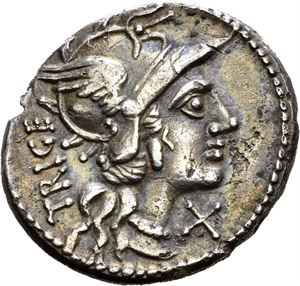 C. Curiatius Trigeminus 142 f.Kr., denarius. Hode av Roma mot høyre/Juno i quadriga mot høyre