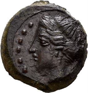 SICILY, Himera. Circa 415-409 BC. AE Hemilitron (2,80 g). IME, Female head left, wearing sphendone; value mark •••• to left / Value mark •••/••• within laurel wreath. Nice brown-green patina.