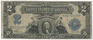 2 dollar 1899. Silver Certificate. No. N90049465. Små margrifter