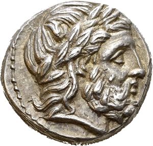 KINGS of MACEDON, Kassander as regent (317-305 BC) or King (305-298 BC). AR tetradrachm (14,34 g). In the name and types of Philip II. Struck 316-294 BC. Laureate head of Zeus right / F???????, Nude youth riding horse prancing right; monogram ?? between the forelegs; dolphin between legs. Beautiful coin with light iridescent toning.