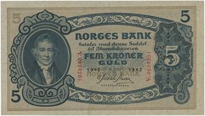5 kroner 1942. V.0624281.