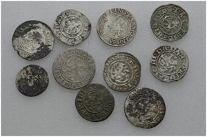 Lot 10 stk. 2 skilling 1691, 1699, 1703, 1708, 1 skilling 1652, 1654, 1656, 1657, 1660 og 1764