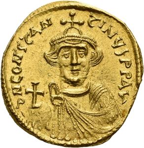 Constans II 641-668, solidus, Constantinople (4,45 g). R: Kors på tre trinn