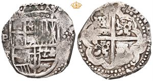 8 reales cob, 1643-1645. Potosi mint. (26,78 g). Pedro Trevino, assayer (Guardein). Små avsetninger/light deposits