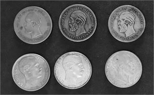 Lot6 stk. 1 krone 1877 (3), 1913, 1914 og 1915